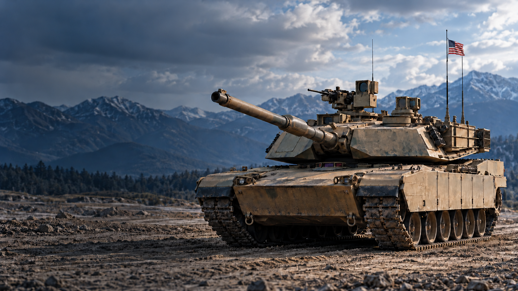 AI-generated illustration of an American tank with a small antenna-mounted American flag