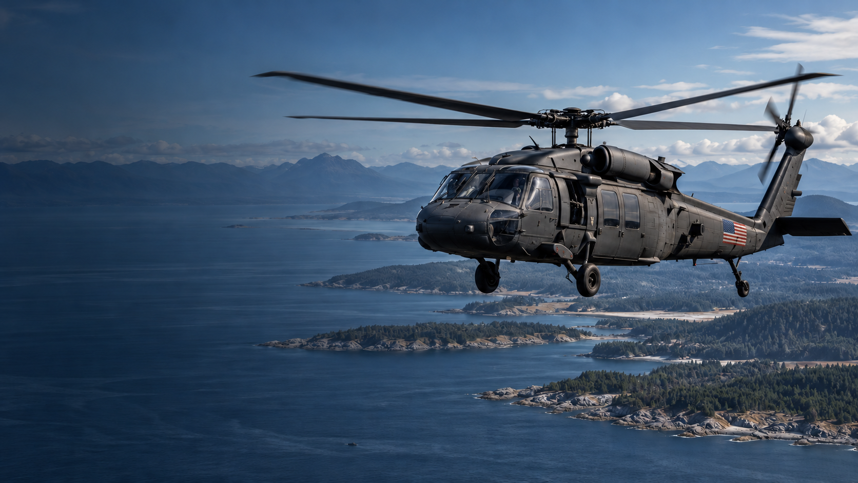 AI-generated illustration of a UH-60 Black Hawk with an American flag on its tail