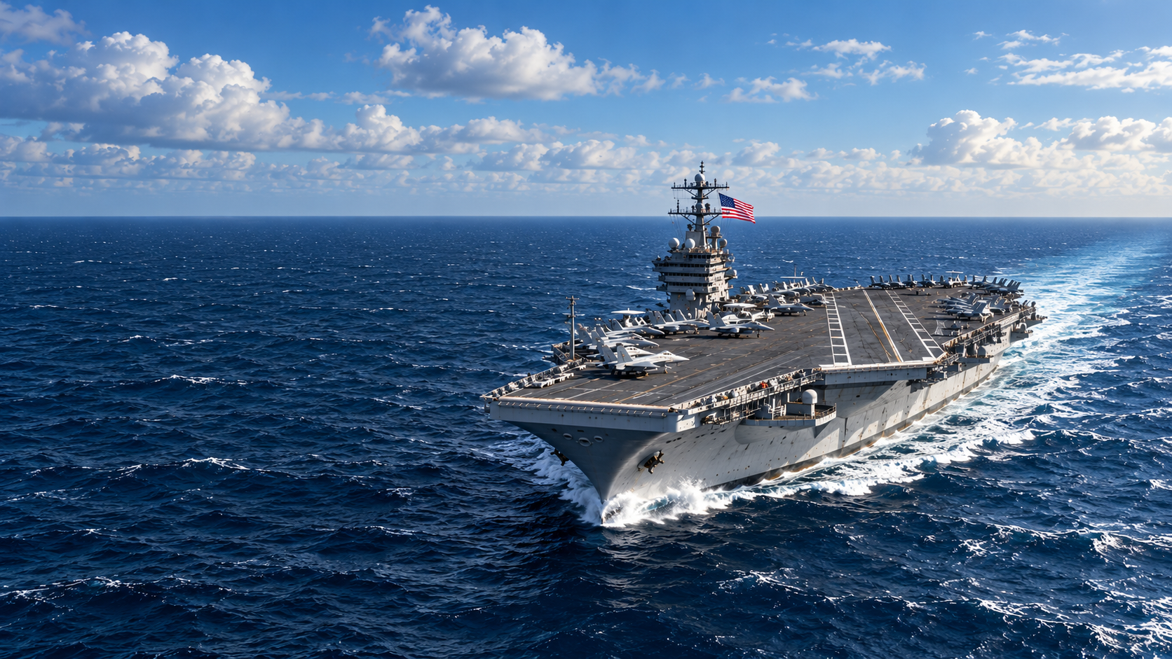 AI-generated illustration of an American aircraft carrier with a waving American flag
